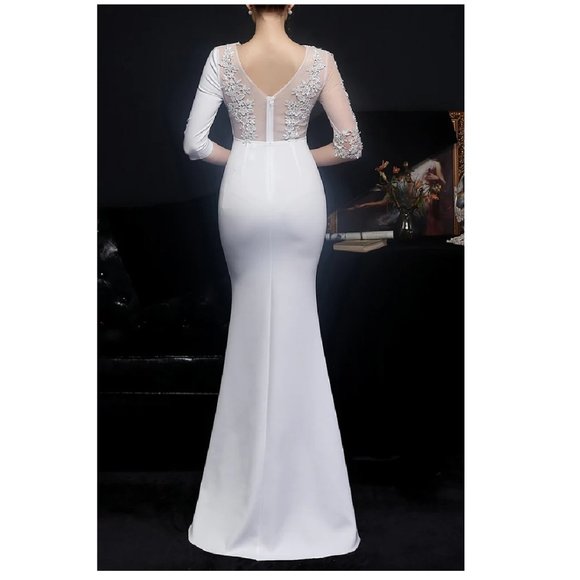 White Evening Gown Lace & Crystal Half Trumpet Dress Floor Length Formal Dress - Picture 3 of 6